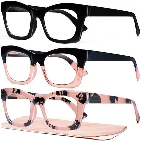 Pink & Black Cat Eyes Womens Reading Glasses with Blue Light Filter +1.50 3 Pack - Picture 4 of 12